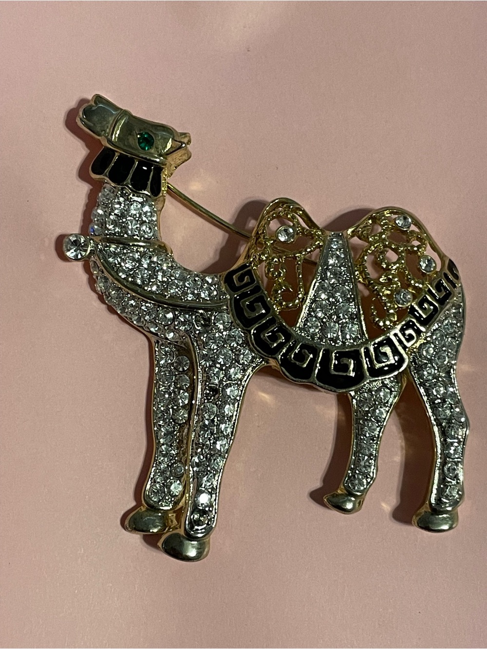 Statement Rhinestone Camel Gold Tone Brooch #9284